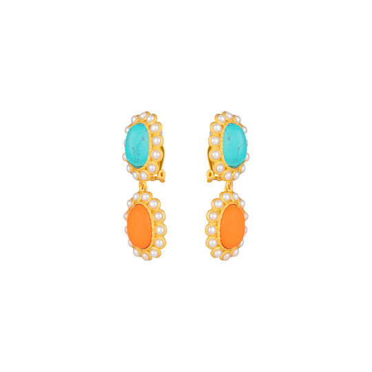 Ada Earrings Orange Coral, Turquoise & Pearls