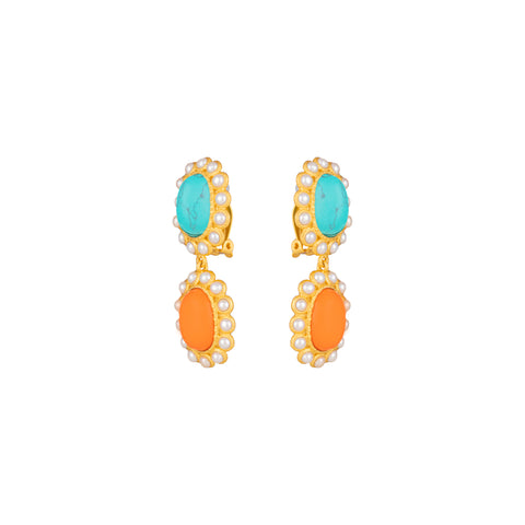 Ada Earrings Orange Coral, Turquoise & Pearls
