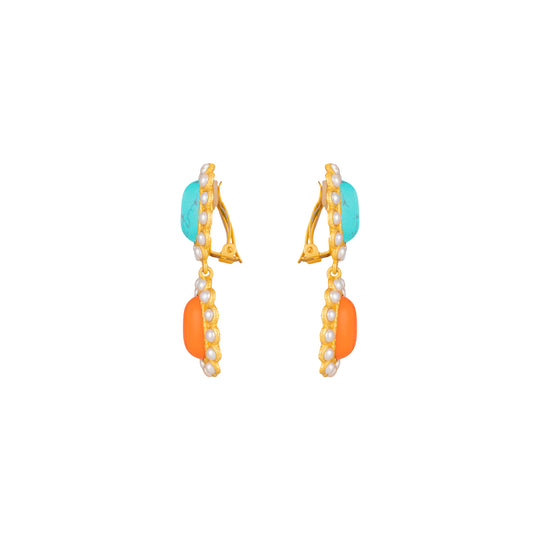 Ada Earrings Orange Coral, Turquoise & Pearls