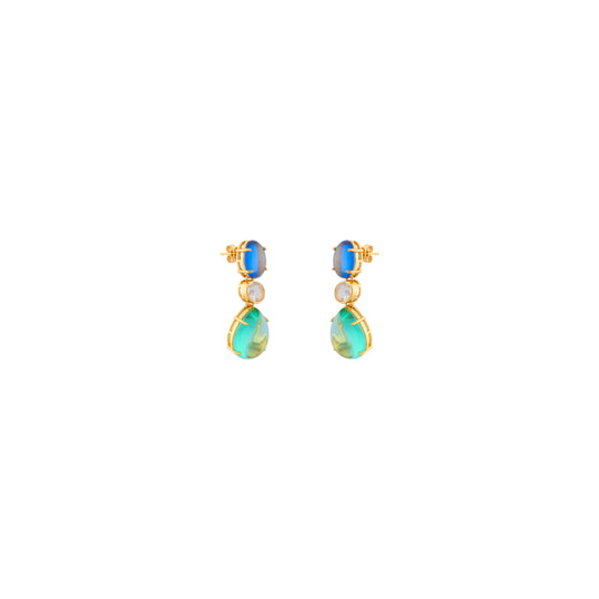 Dawn Earrings Blue Sapphire Quartz, Green Emerald Quartz & Clear Quartz