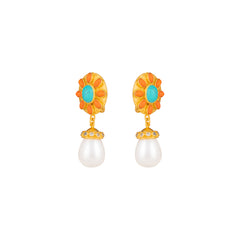 Heather Earrings Orange Coral, Turquoise, Crystal & Pearls