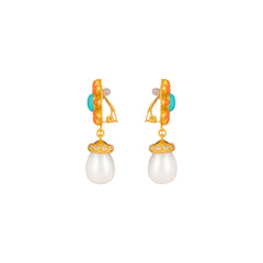 Heather Earrings Orange Coral, Turquoise, Crystal & Pearls