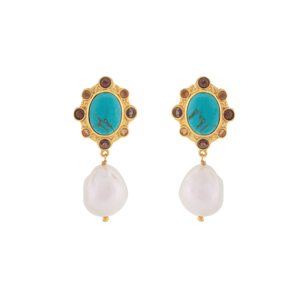 Vivi Earrings Golden Turquoise, Citrine Quartz & Baroque Pearl