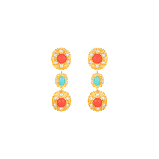 Amara Earrings Red Coral, Turquoise & Pearls