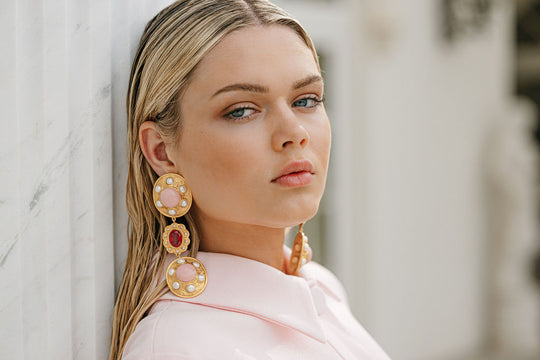 Amara Earrings Pink Coral, Pink Crystal & Pearls