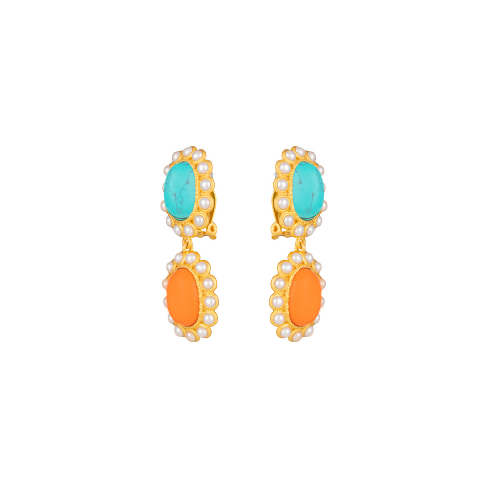 Ada Earrings Orange Coral, Turquoise & Pearls