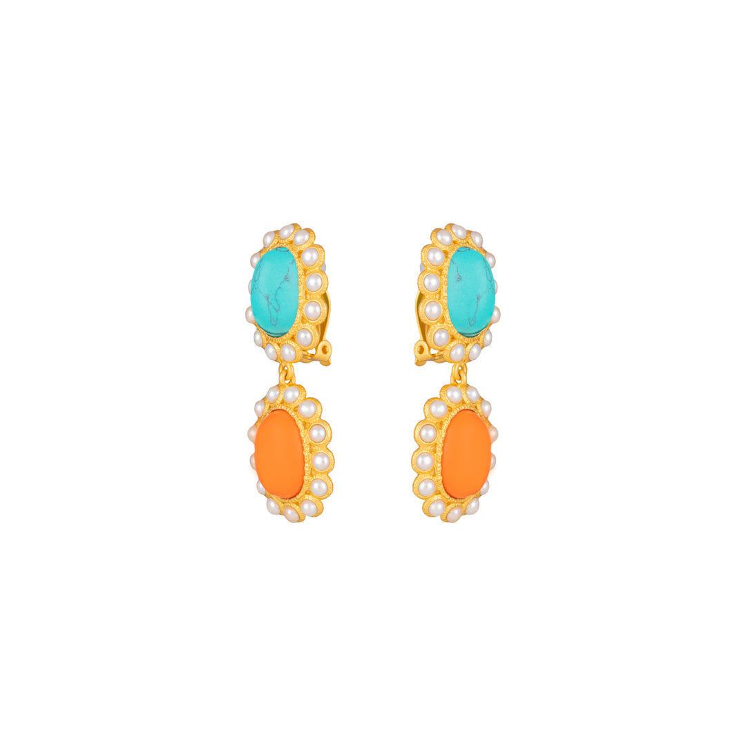 Ada Earrings Orange Coral, Turquoise & Pearls