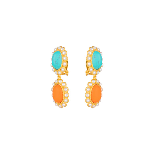 Ada Earrings Orange Coral, Turquoise & Pearls