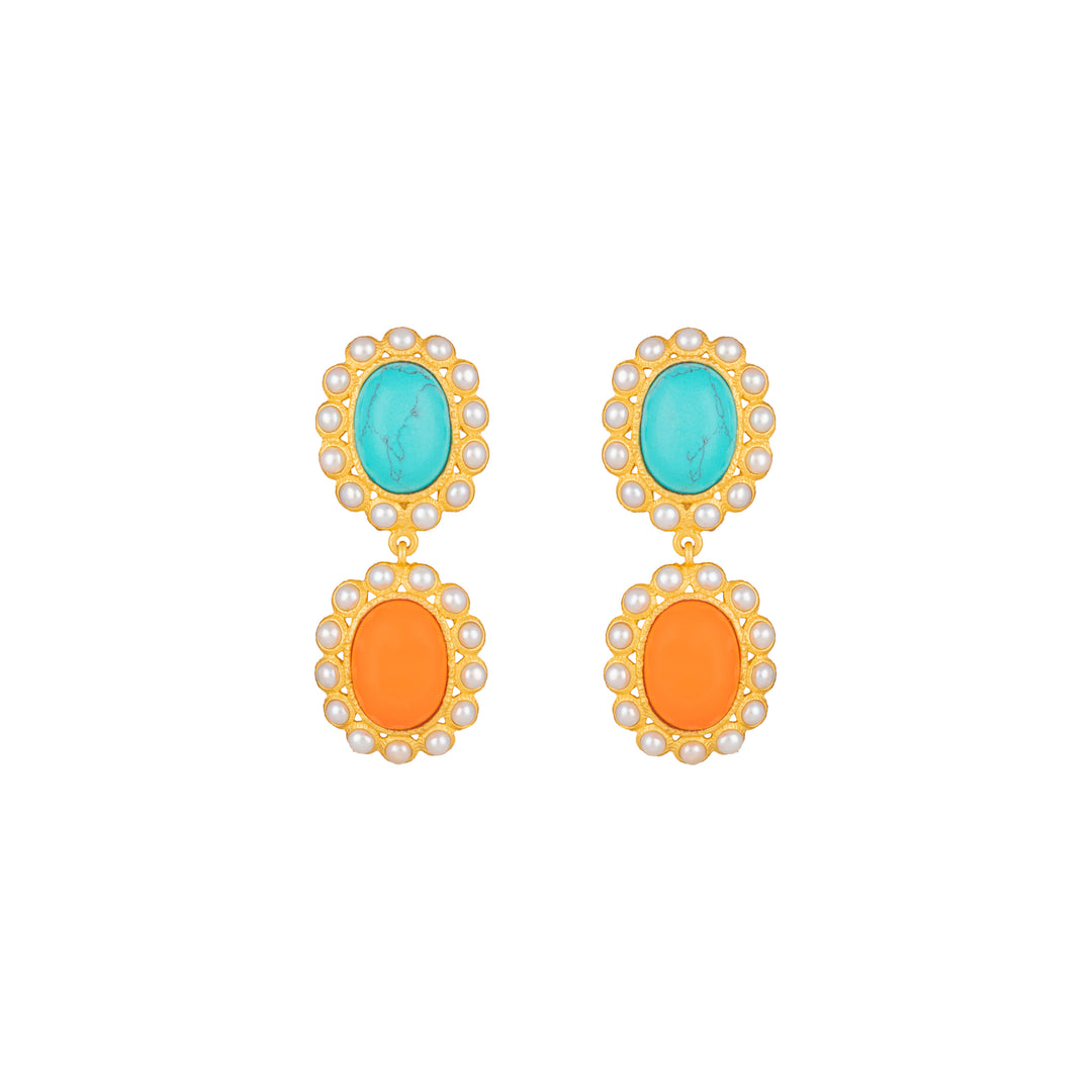 Ada Earrings Orange Coral, Turquoise & Pearls