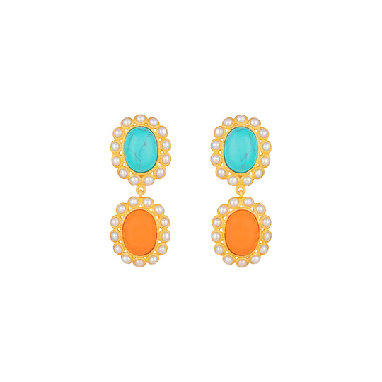 Ada Earrings Orange Coral, Turquoise & Pearls