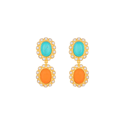Ada Earrings Orange Coral, Turquoise & Pearls