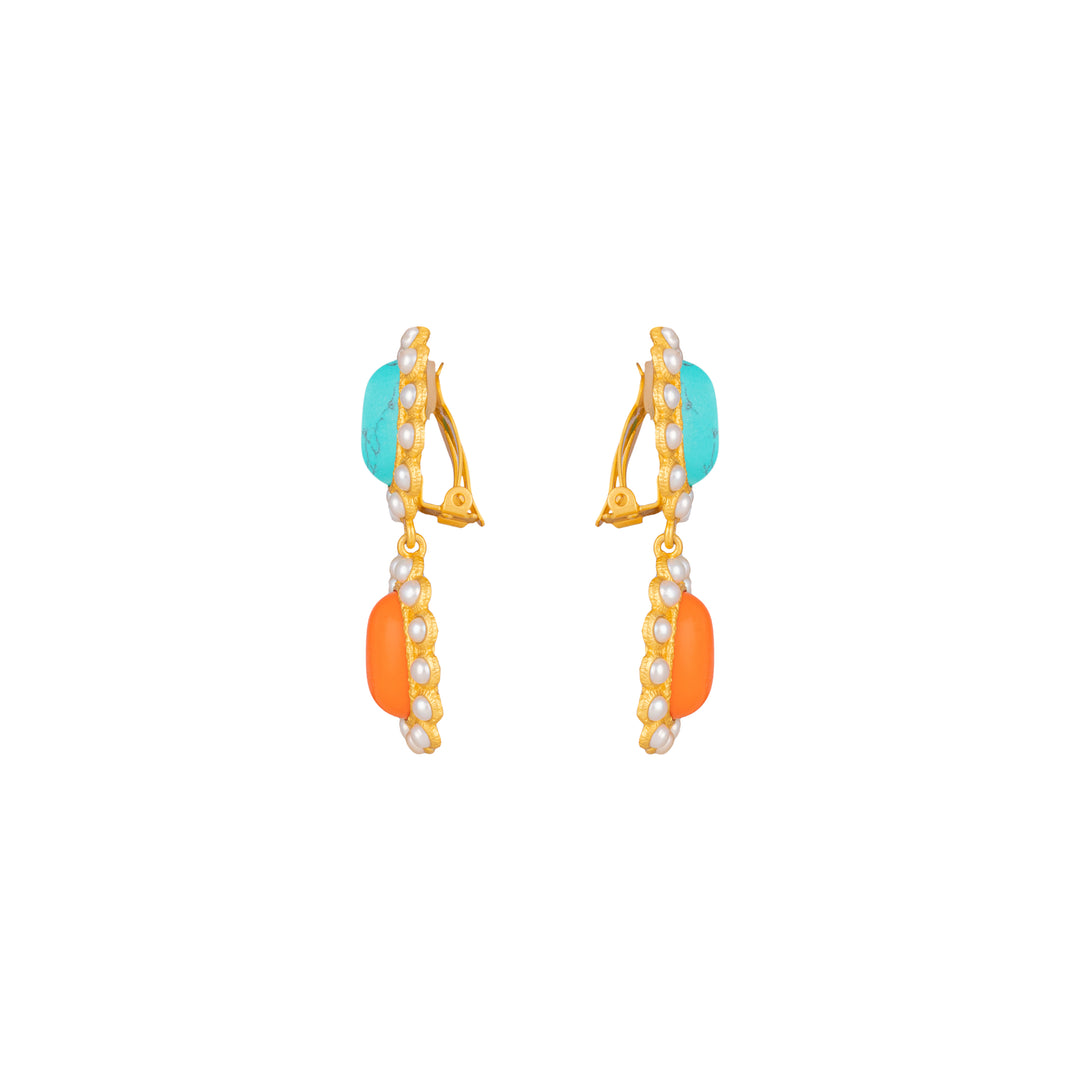 Ada Earrings Orange Coral, Turquoise & Pearls