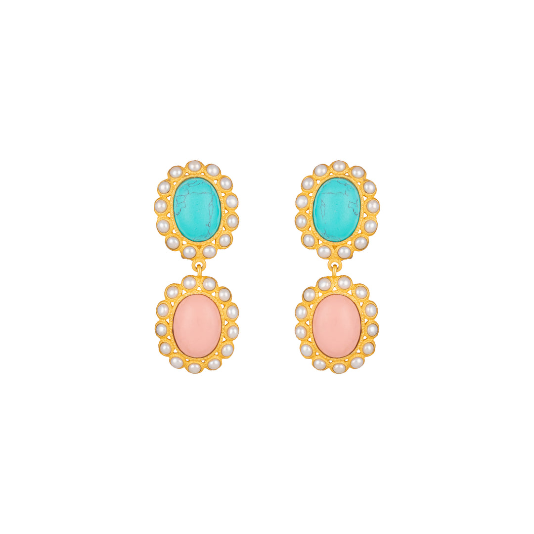 Ada Earrings Pink Coral, Turquoise & Pearls