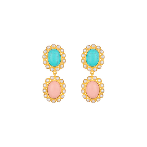 Ada Earrings Pink Coral, Turquoise & Pearls