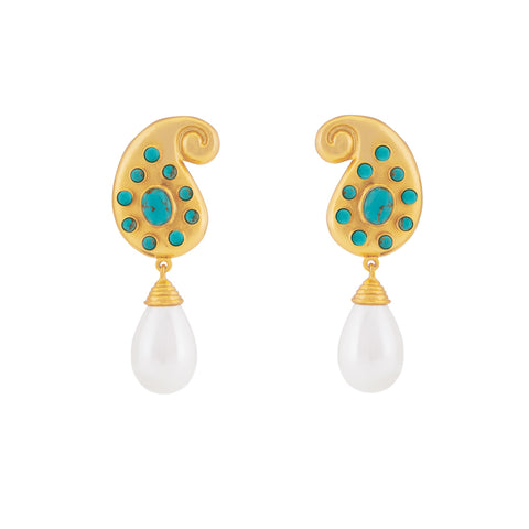 Anya Earrings Golden Turquoise & Pearl