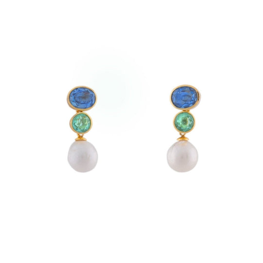 Rise Earrings Blue Sapphire Quartz, Green Emerald Quartz & Pearl Drop