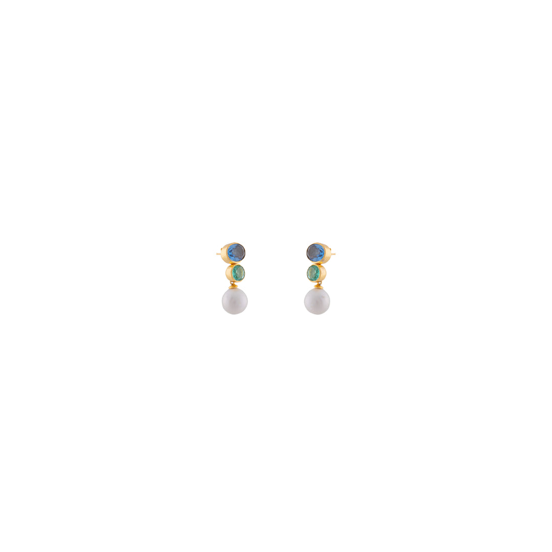 Rise Earrings Blue Sapphire Quartz, Green Emerald Quartz & Pearl Drop