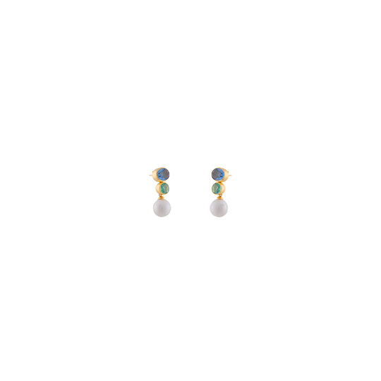 Rise Earrings Blue Sapphire Quartz, Green Emerald Quartz & Pearl Drop