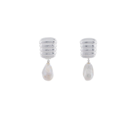 Ribbed Pearl Earrings Silver