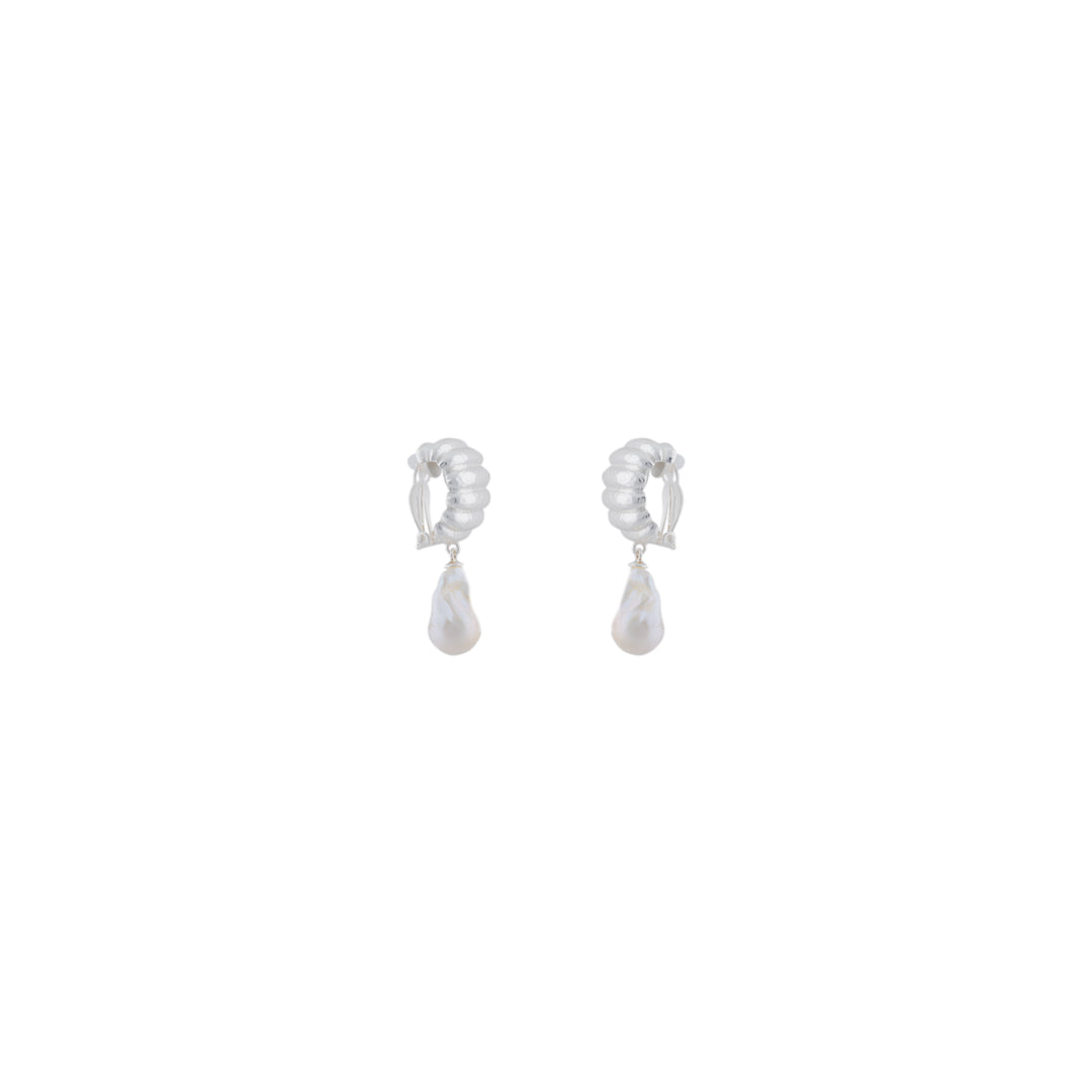 Ribbed Pearl Earrings Silver