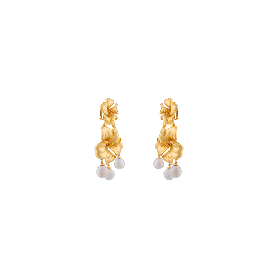 Pearl Hibiscus Earrings Gold