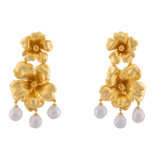 Pearl Hibiscus Earrings Gold