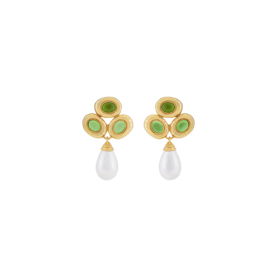 Ava Earrings Green Peridot Quartz & Pearl