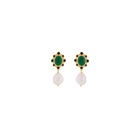 Vivi Earrings Malachite, Black Onyx & Baroque Pearl