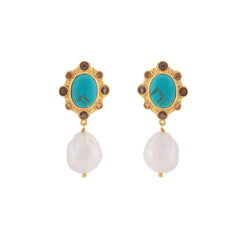 Vivi Earrings Golden Turquoise, Citrine Quartz & Baroque Pearl