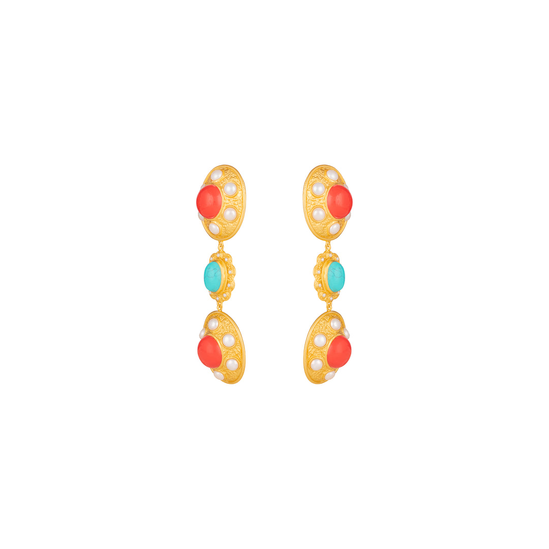 Amara Earrings Red Coral, Turquoise & Pearls