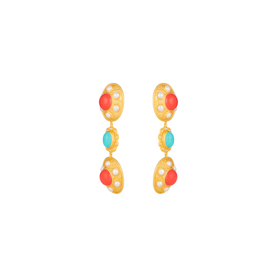 Amara Earrings Red Coral, Turquoise & Pearls