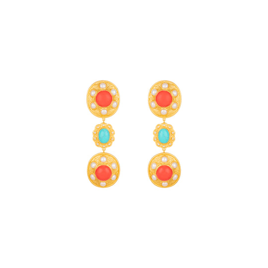 Amara Earrings Red Coral, Turquoise & Pearls