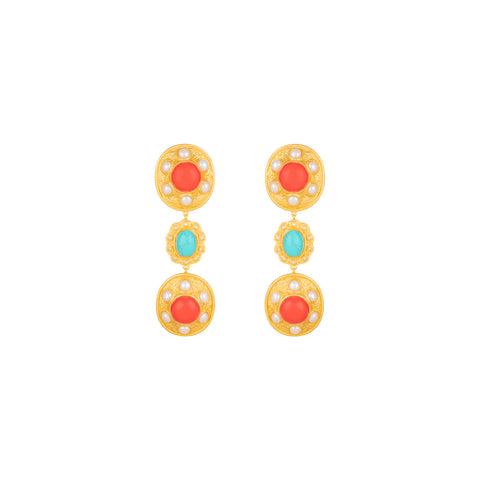 Amara Earrings Red Coral, Turquoise & Pearls