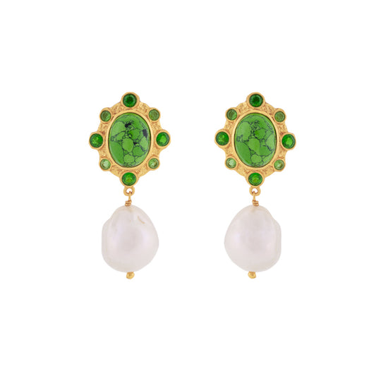 Vivi Earrings Green Turquoise & Baroque Pearl