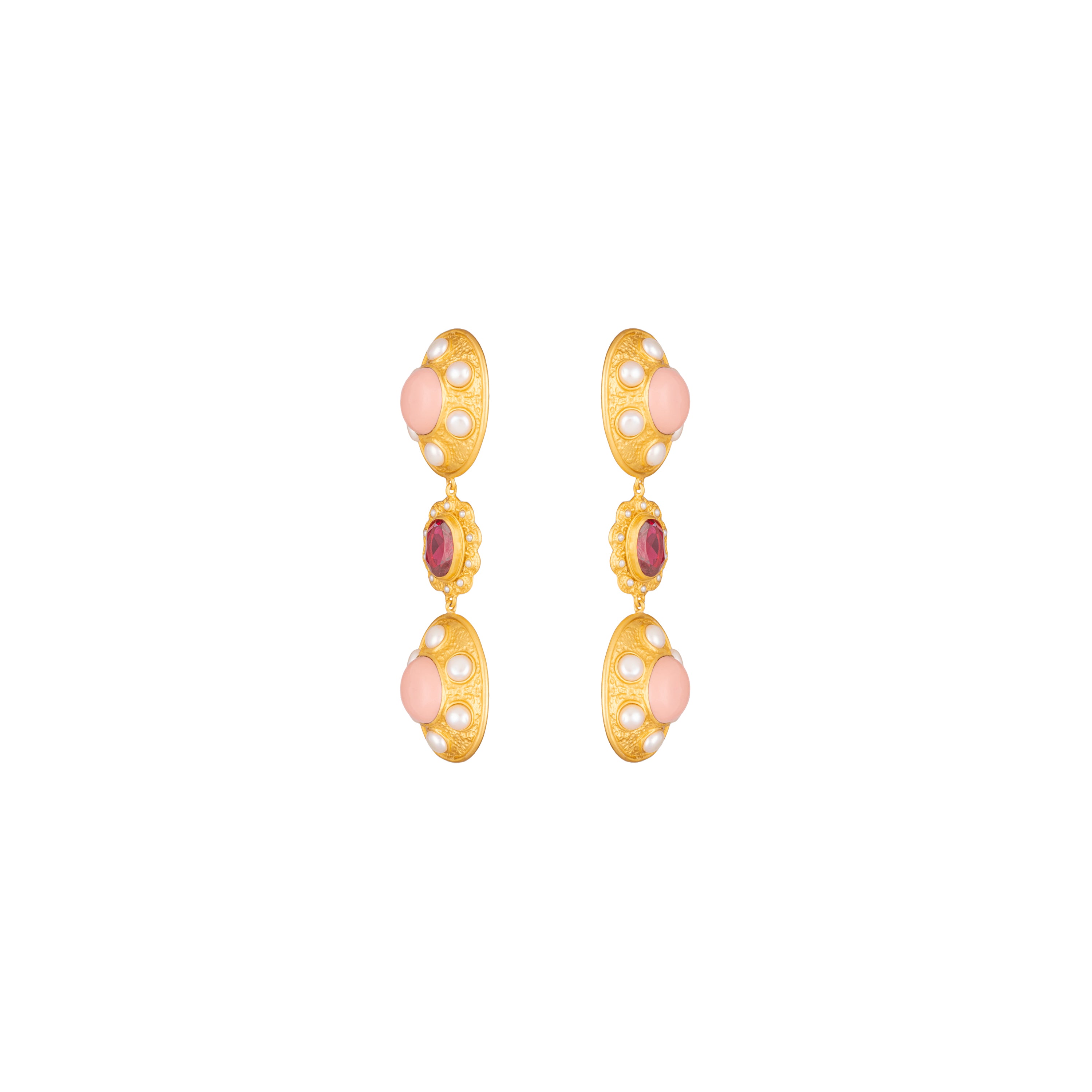 Amara Earrings Pink Coral, Pink Crystal & Pearls
