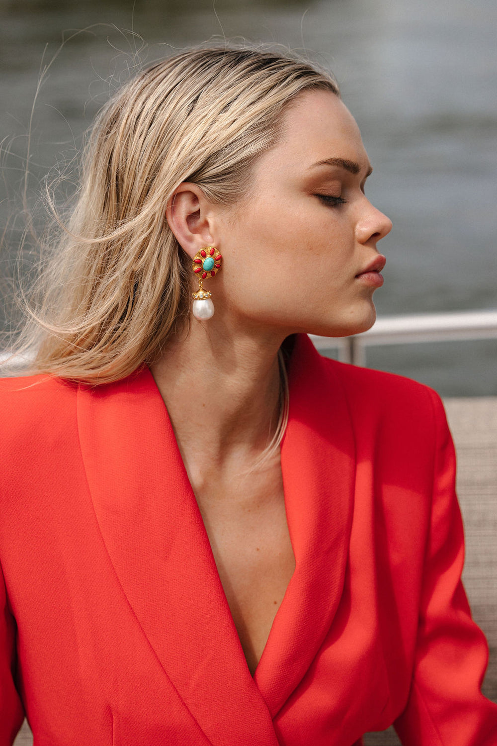 Heather Earrings Red Coral, Turquoise, Crystal & Pearls