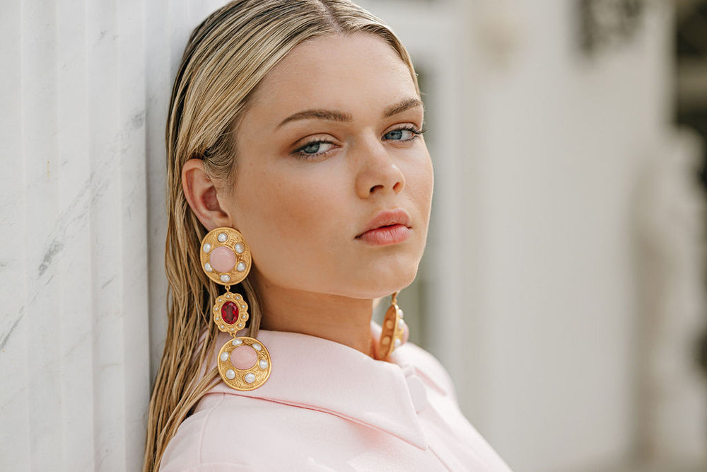 Amara Earrings Pink Coral, Pink Crystal & Pearls