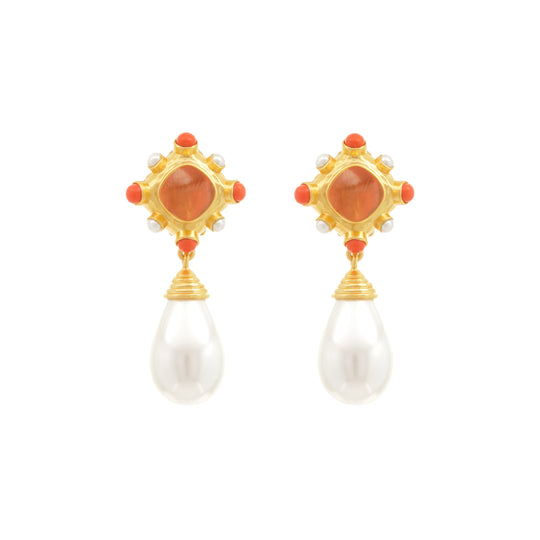 Julia Earrings Citrine Quartz, Coral & Pearls