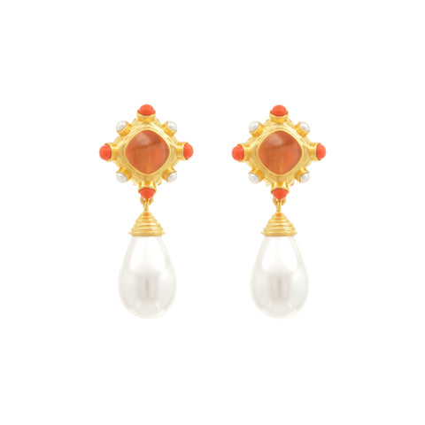 Julia Earrings Citrine Quartz, Coral & Pearls