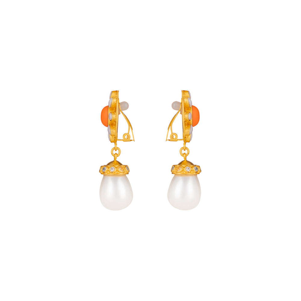 Heather Earrings Orange Coral, Crystal & Pearls