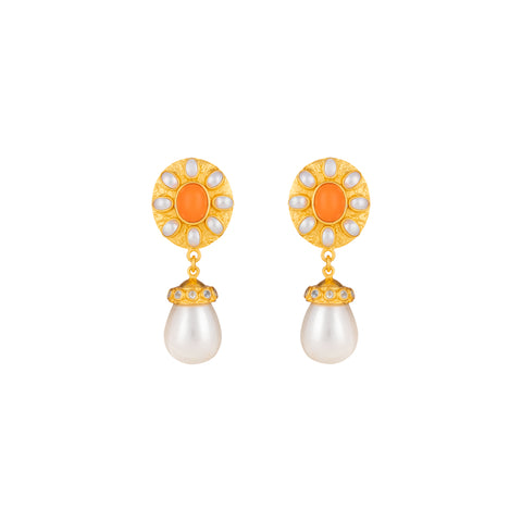 Heather Earrings Orange Coral, Crystal & Pearls