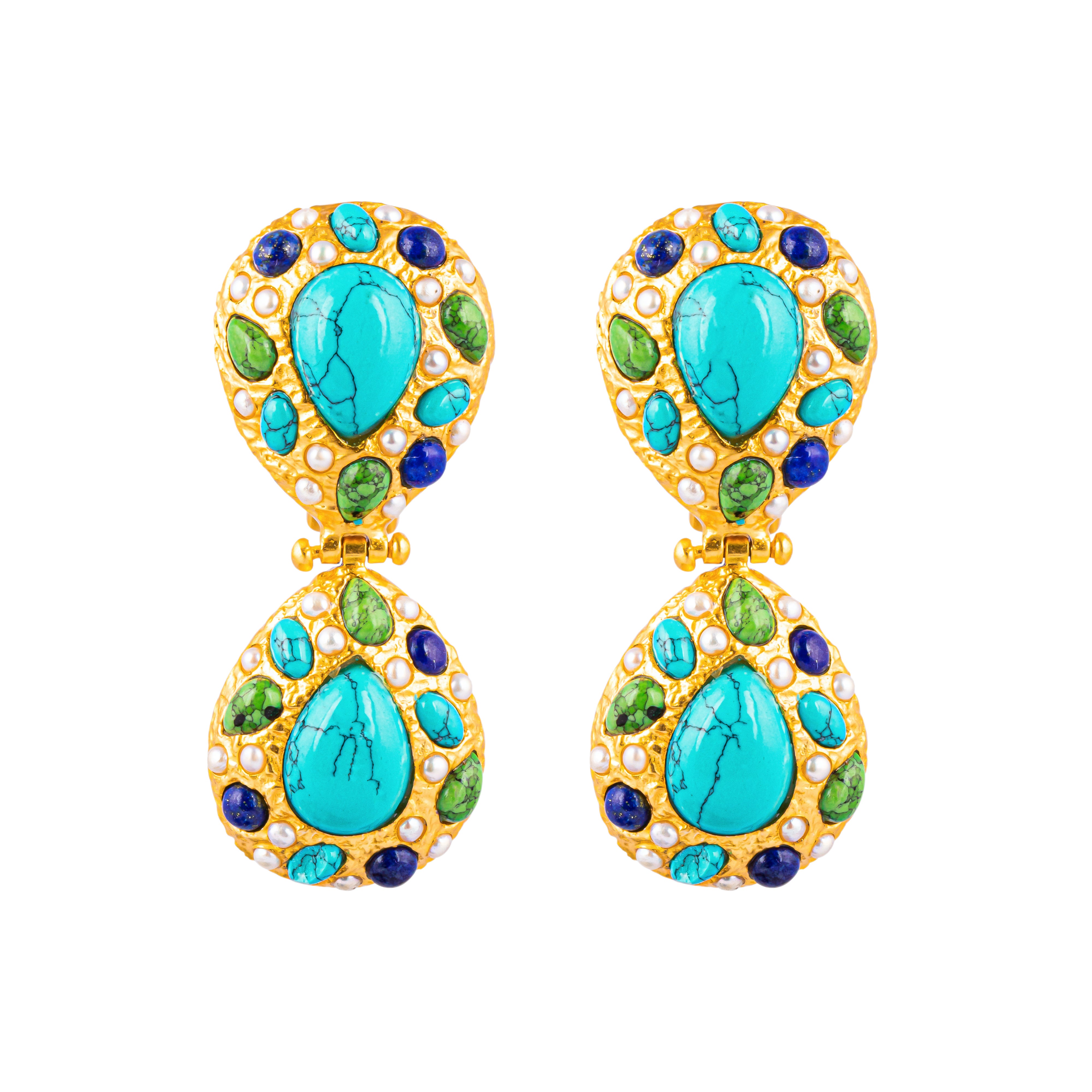 Butterfly Earrings Turquoise, Green Turquoise, Lapis & Pearls