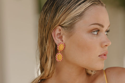 Ada Earrings Yellow Glass & Pink Crystal