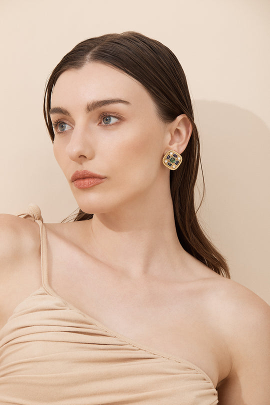 Francesca Earrings Emerald Green Quartz, Blue Sapphire Quartz & Pearls